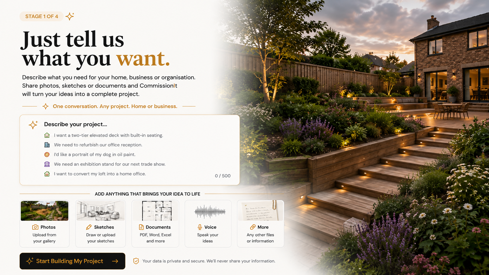 Stage 1 of 4 — Just tell us what you want. Describe your project and share photos, sketches, documents or voice notes.