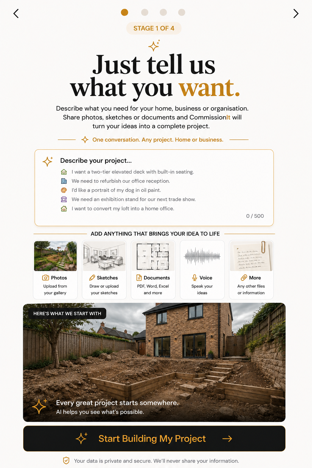 Stage 1 of 4 — Just tell us what you want. Describe your project and share photos, sketches, documents or voice notes.