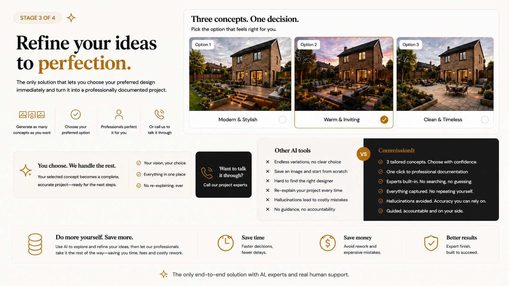 Stage 3 of 4 — Refine your ideas to perfection. Choose your preferred concept and let professionals perfect it.
