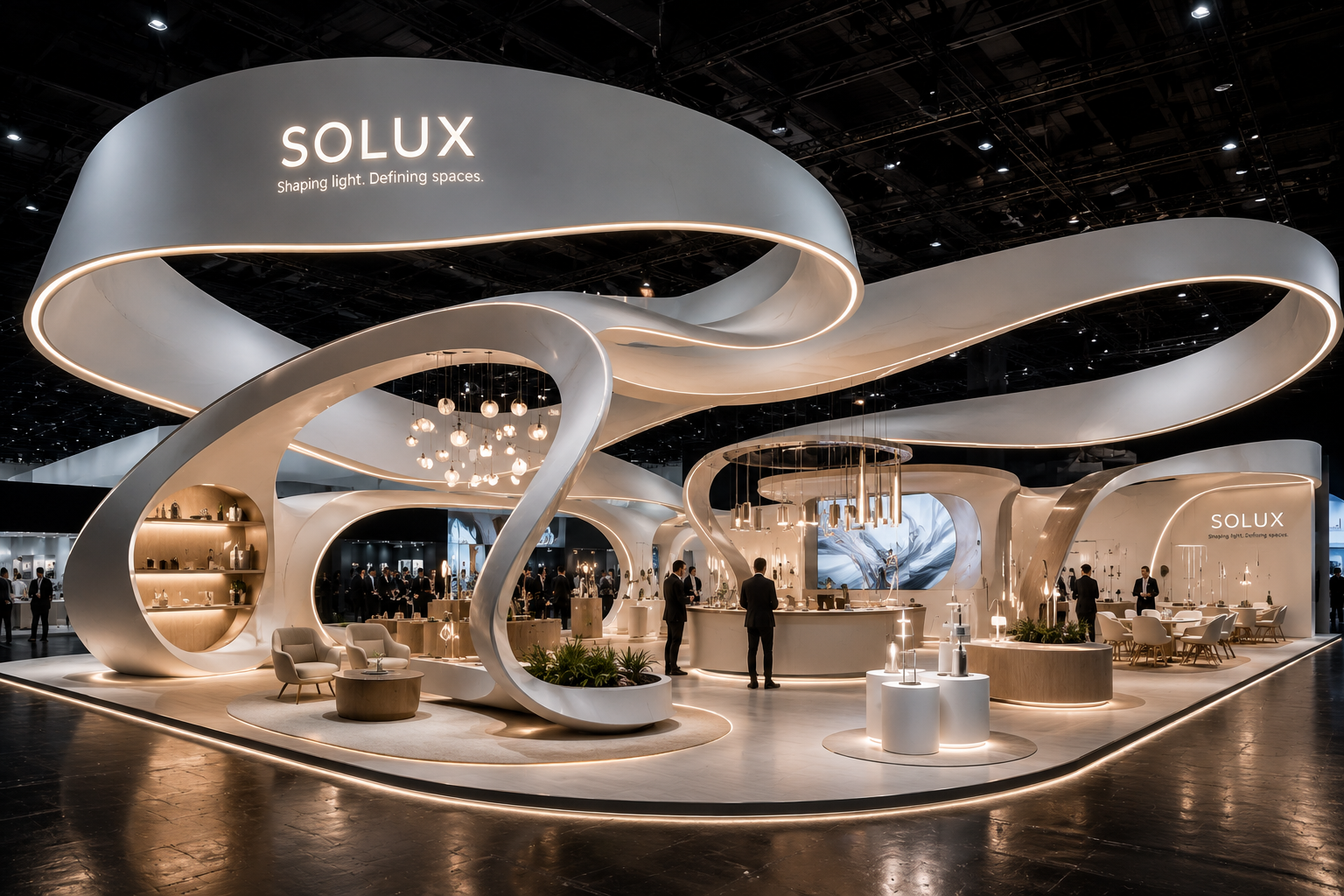 Luxury / architectural exhibition design — sculptural floating-ribbon SOLUX lighting stand