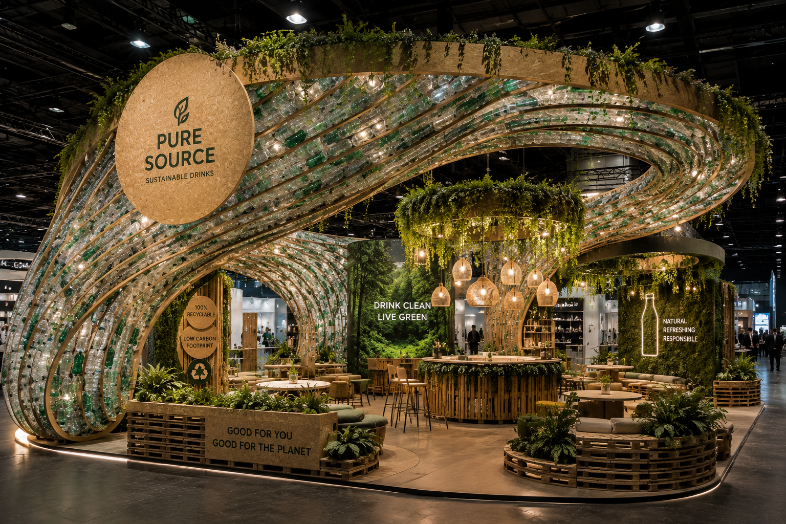 Sustainable exhibition stand design — Pure Source drinks brand stand built from recycled materials
