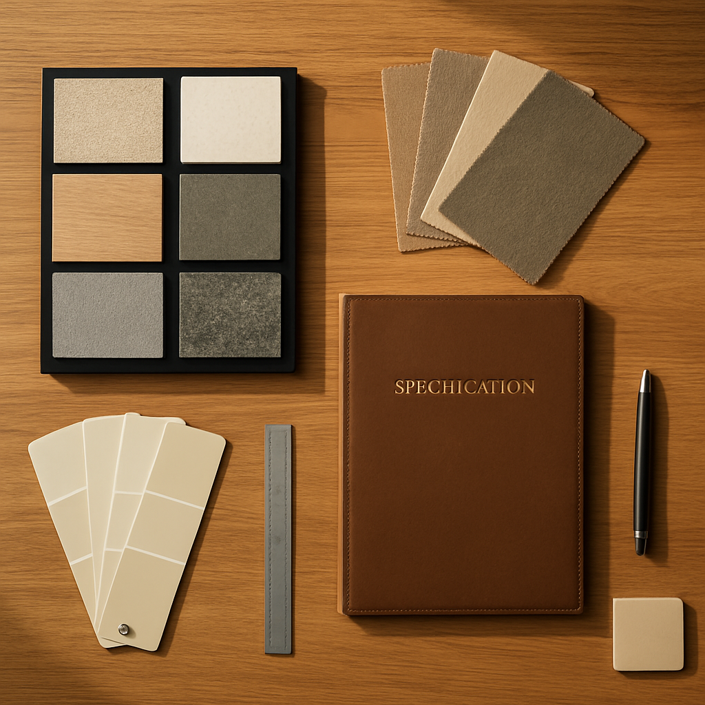 Premium procurement workspace with material samples, specification documents and supplier proposals