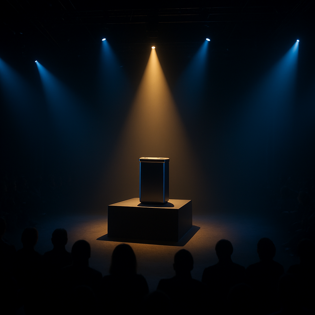 Cinematic premium product launch event with dramatic stage lighting and a single illuminated product
