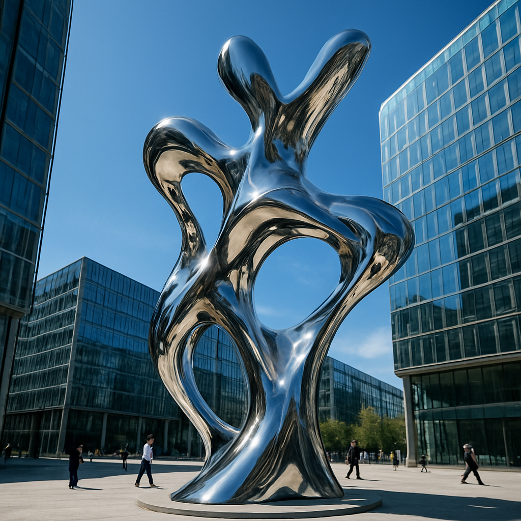 Large-scale mirror-polished stainless steel abstract sculpture in a civic plaza