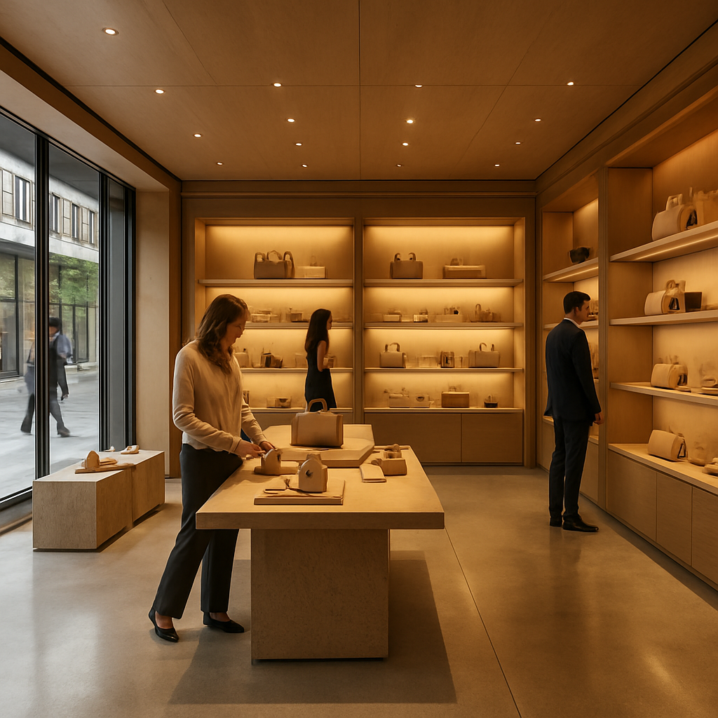 Premium modern retail store interior with elegant display fixtures and warm ambient lighting
