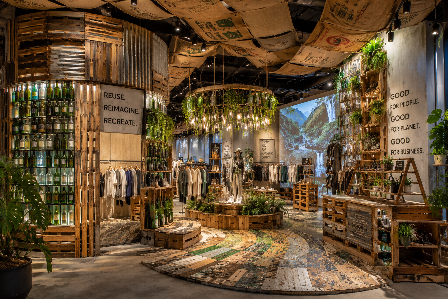 Concept and planning — sustainable retail design using reclaimed timber, recycled glass and living walls