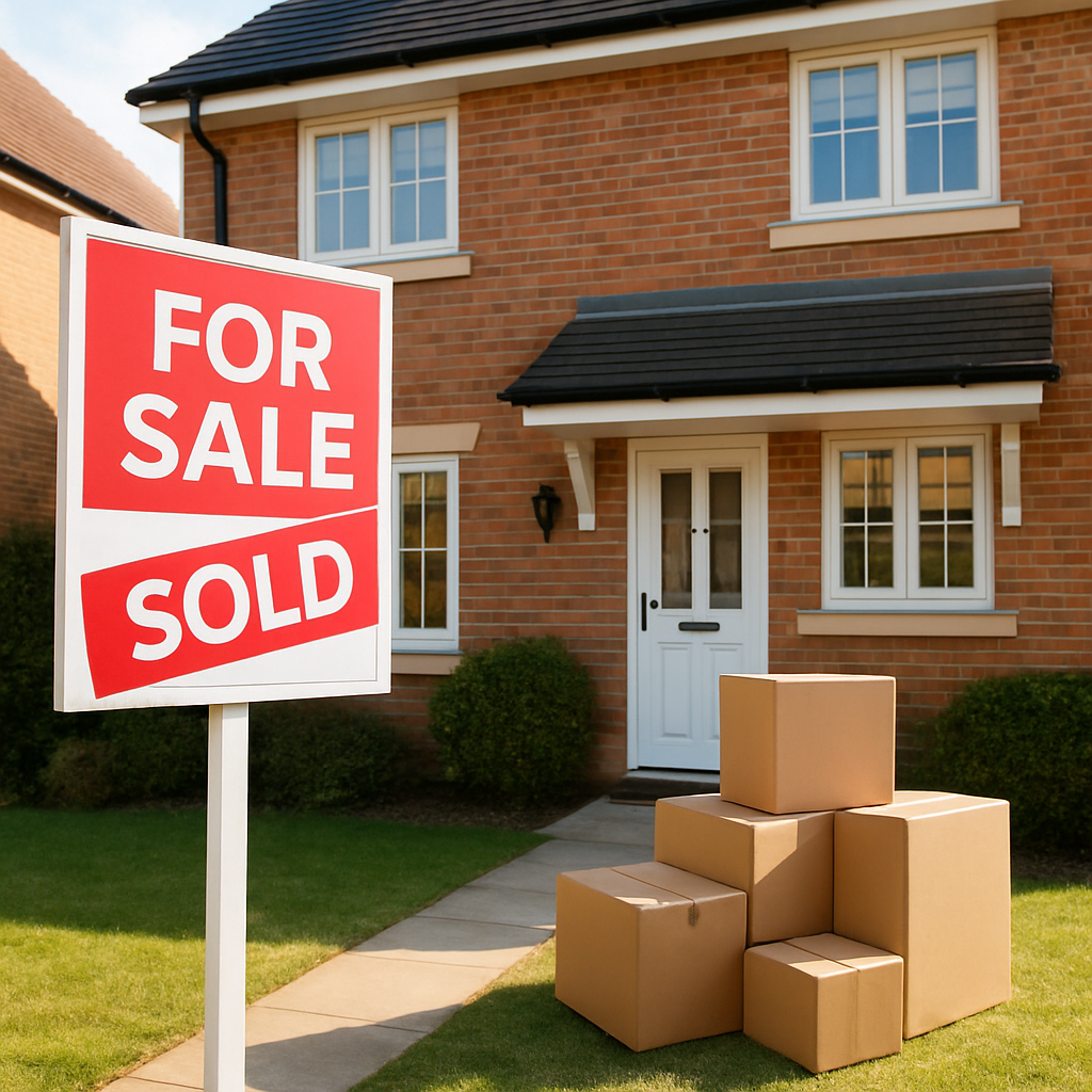 For sale sign outside a British house with moving boxes