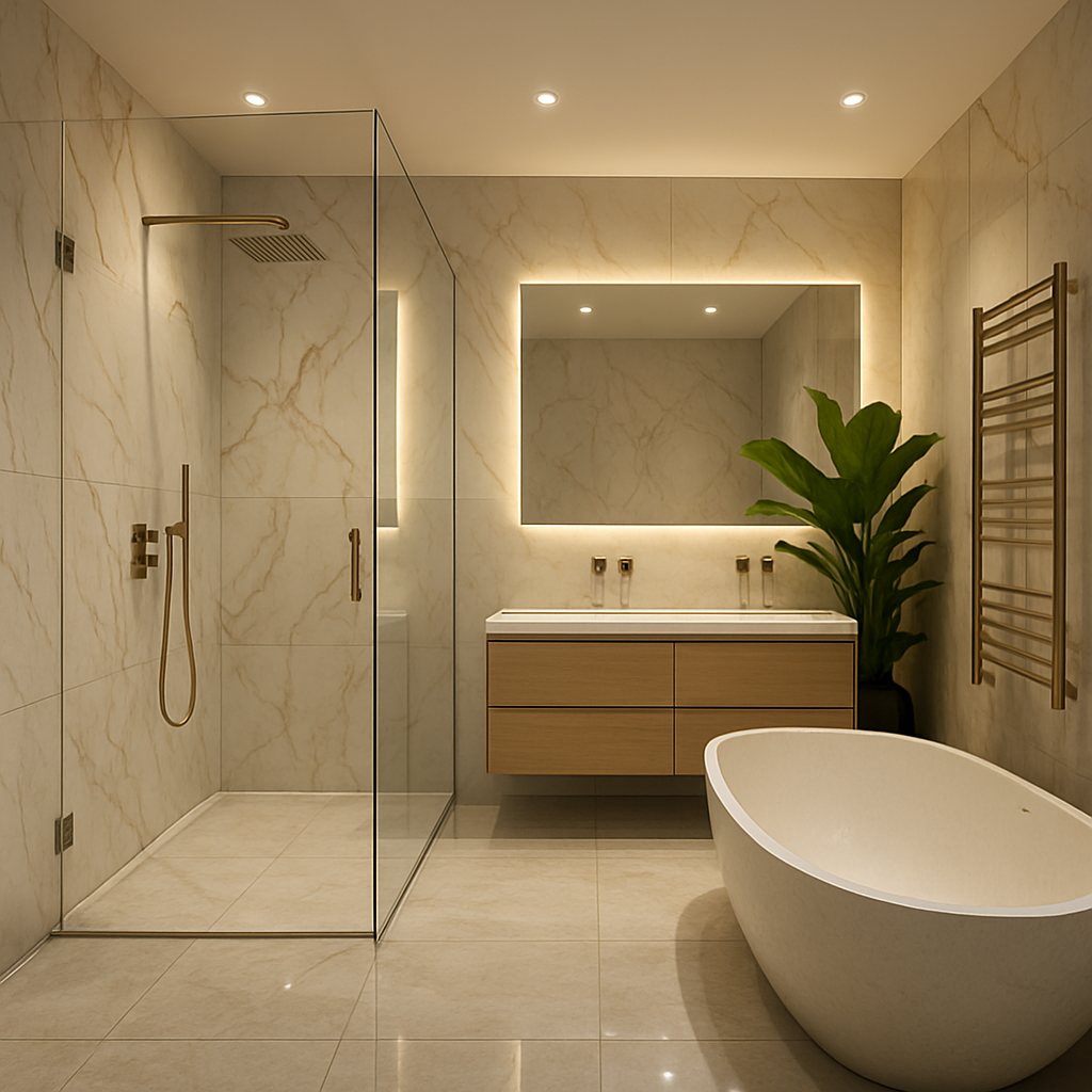 Luxury bathroom renovation with freestanding bath, marble tiles and rainfall shower