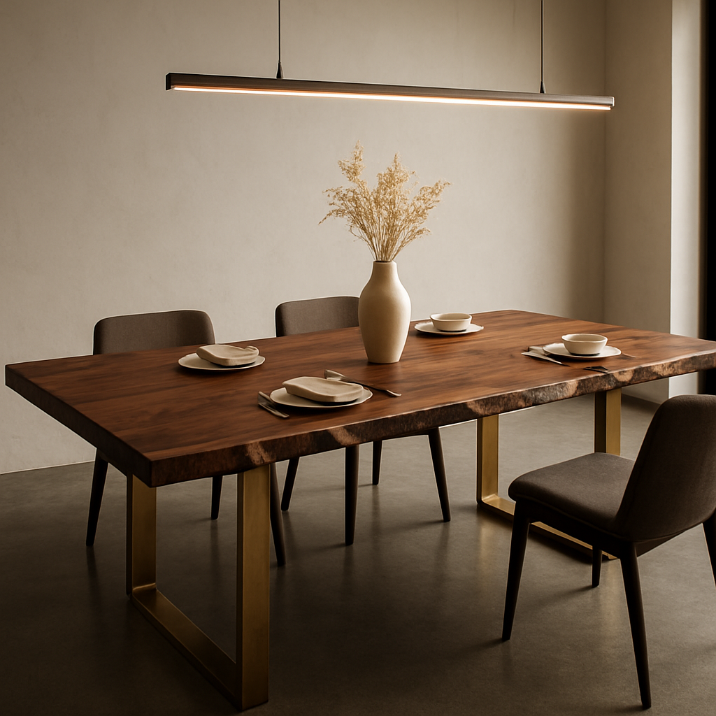 Bespoke handcrafted walnut dining table with live edge and brass legs in a modern interior