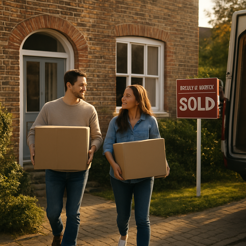 A couple moving into a new UK home with a sold estate agent sign in the front garden