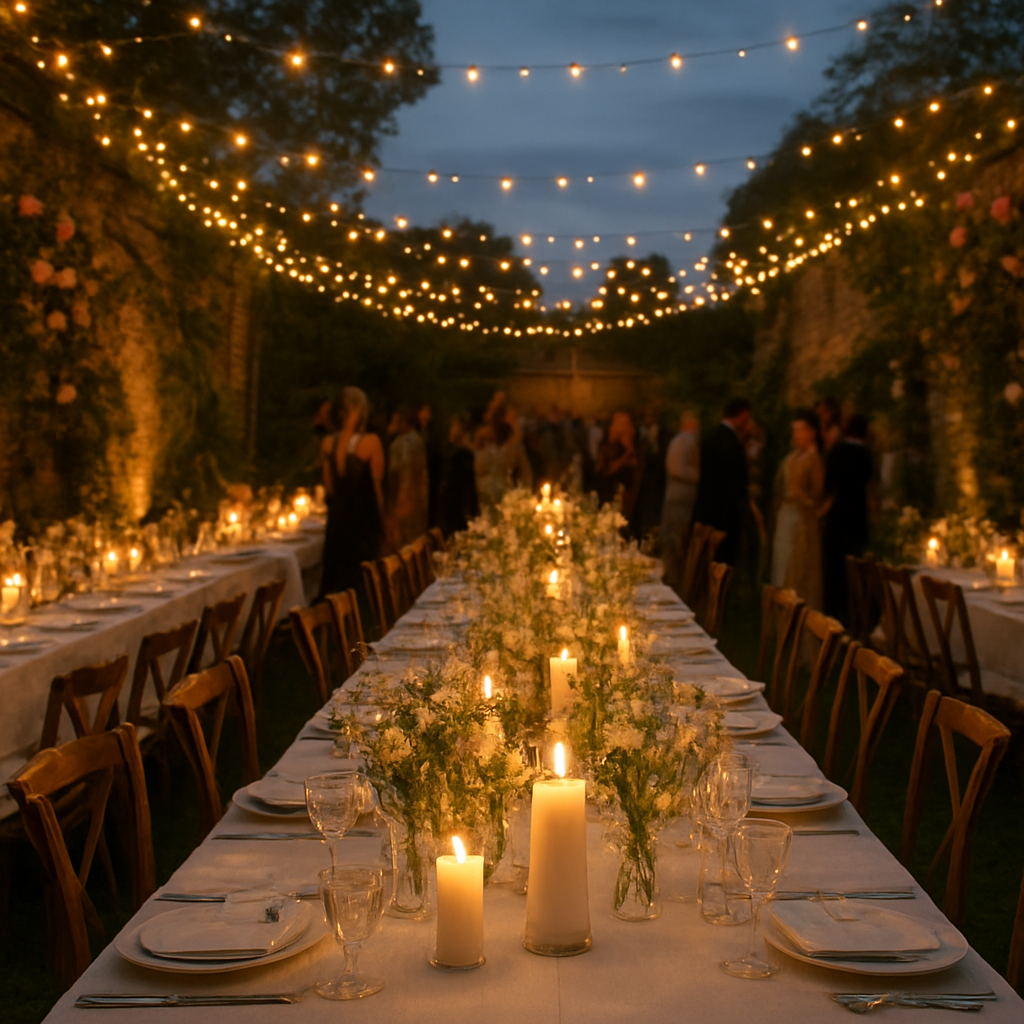 Magical outdoor wedding reception in an English walled garden with fairy lights and long tables