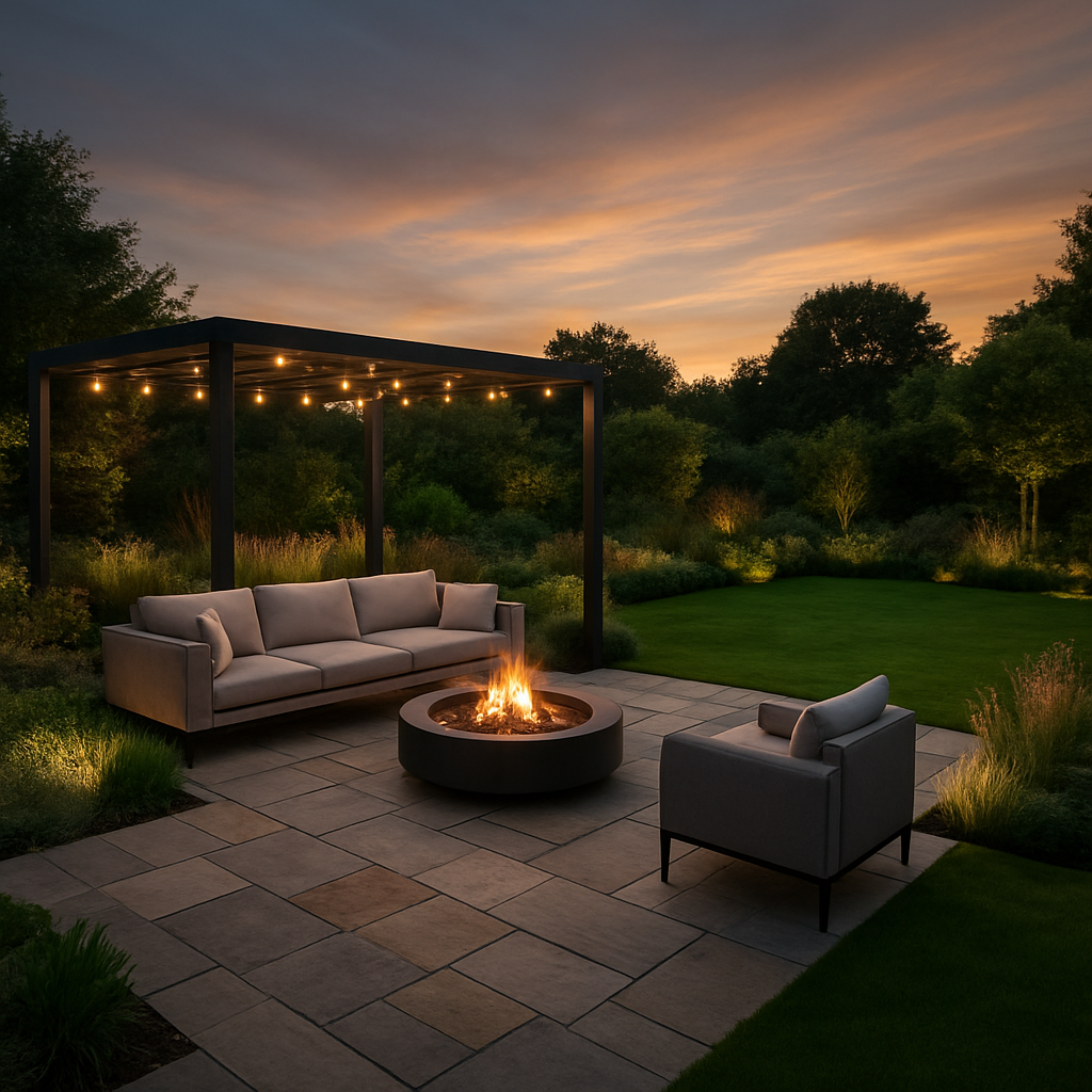Premium garden transformation with stone patio, fire pit and pergola at dusk
