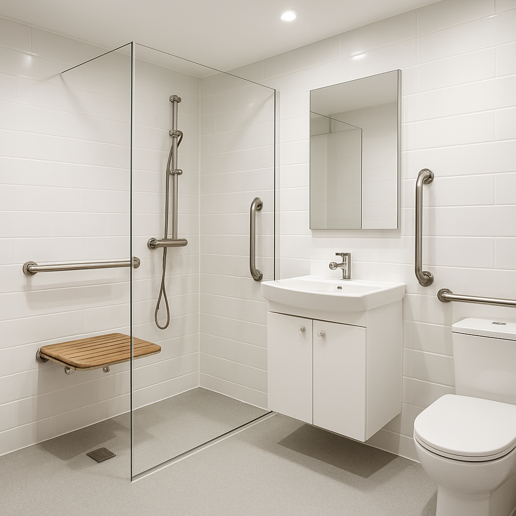 Stylish accessible bathroom with walk-in shower, premium grab rails and modern fixtures
