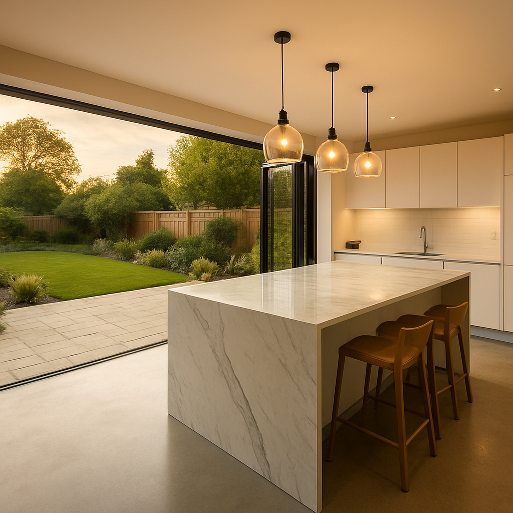 Stunning modern kitchen-diner home extension with bifold doors opening onto a garden