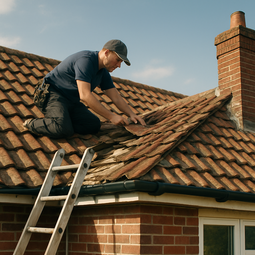 A roofer carrying out practical repair work on a typical British house roof