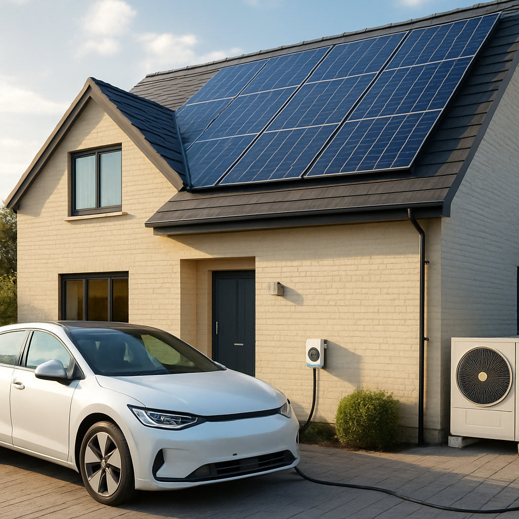 A modern energy-efficient UK home with rooftop solar panels, an EV charging and a heat pump