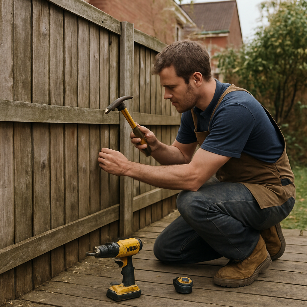 Tradesperson repairing a garden fence and decking