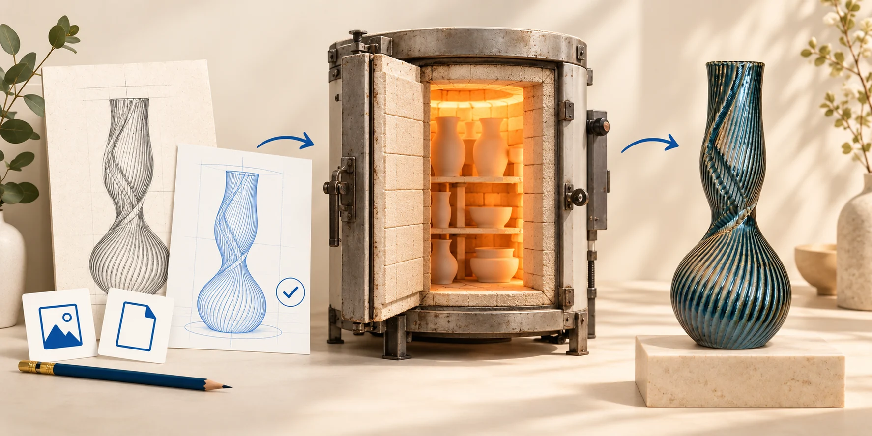 Illustrative ceramic vase journey: supplied files and approved design drawings, a glowing pottery kiln, then the finished upright ceramic vase